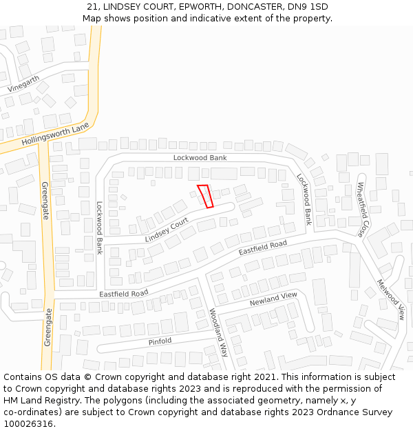 21, LINDSEY COURT, EPWORTH, DONCASTER, DN9 1SD: Location map and indicative extent of plot