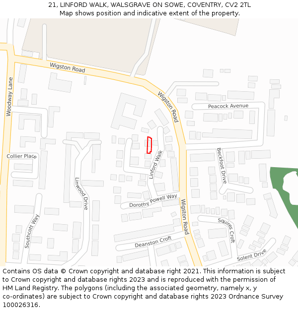 21, LINFORD WALK, WALSGRAVE ON SOWE, COVENTRY, CV2 2TL: Location map and indicative extent of plot