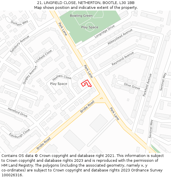 21, LINGFIELD CLOSE, NETHERTON, BOOTLE, L30 1BB: Location map and indicative extent of plot