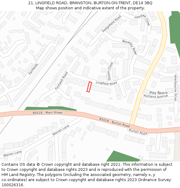 21, LINGFIELD ROAD, BRANSTON, BURTON-ON-TRENT, DE14 3BQ: Location map and indicative extent of plot