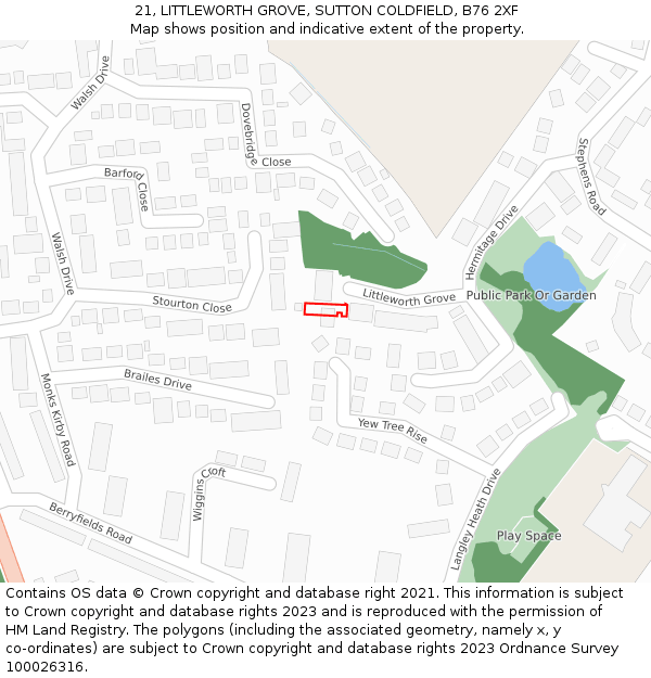 21, LITTLEWORTH GROVE, SUTTON COLDFIELD, B76 2XF: Location map and indicative extent of plot