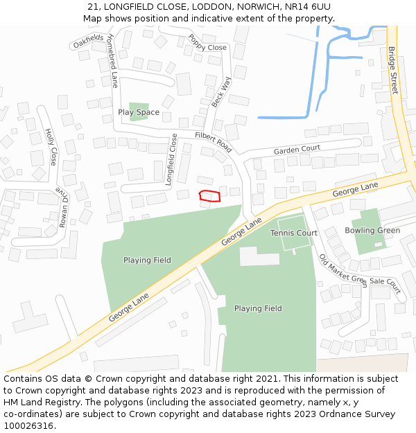 21, LONGFIELD CLOSE, LODDON, NORWICH, NR14 6UU: Location map and indicative extent of plot