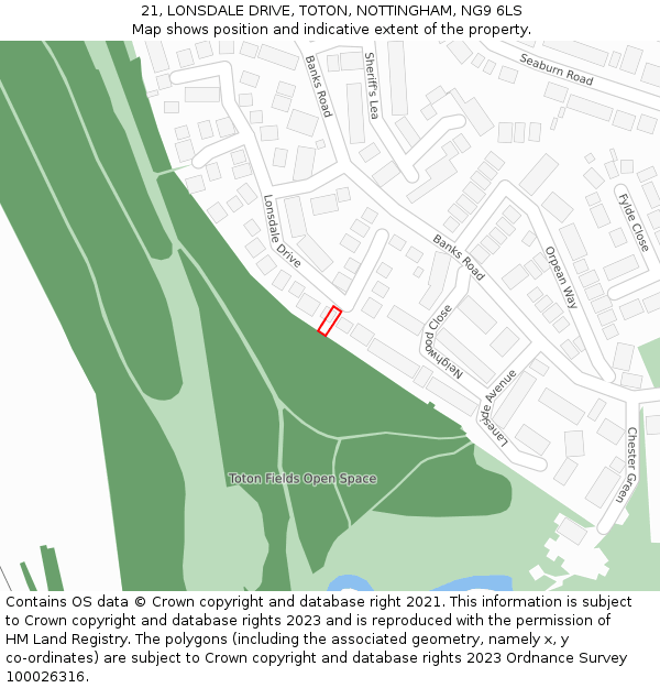 21, LONSDALE DRIVE, TOTON, NOTTINGHAM, NG9 6LS: Location map and indicative extent of plot
