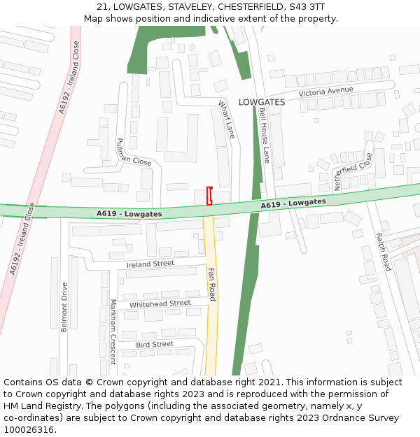 21, LOWGATES, STAVELEY, CHESTERFIELD, S43 3TT: Location map and indicative extent of plot