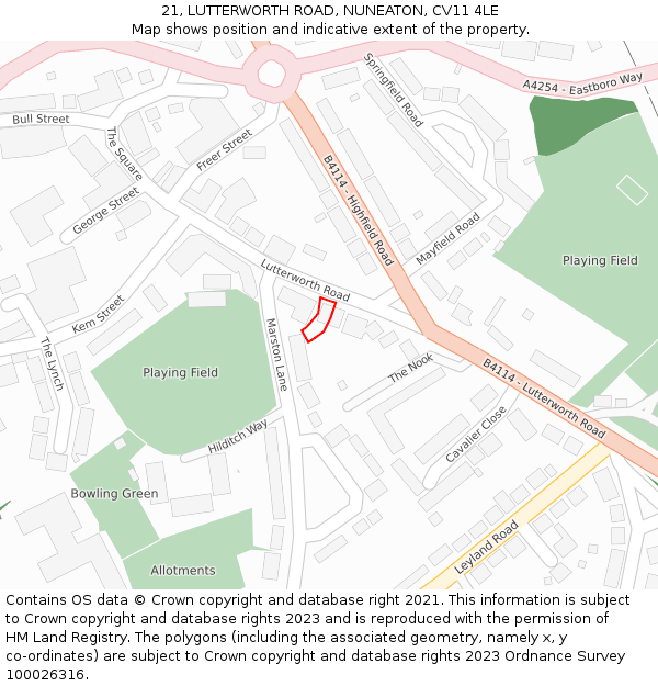 21, LUTTERWORTH ROAD, NUNEATON, CV11 4LE: Location map and indicative extent of plot