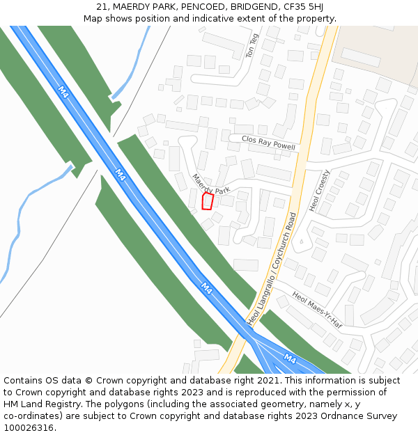 21, MAERDY PARK, PENCOED, BRIDGEND, CF35 5HJ: Location map and indicative extent of plot