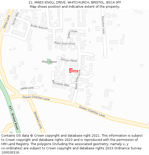 21, MAES KNOLL DRIVE, WHITCHURCH, BRISTOL, BS14 0FF: Location map and indicative extent of plot