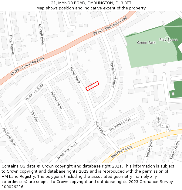 21, MANOR ROAD, DARLINGTON, DL3 8ET: Location map and indicative extent of plot