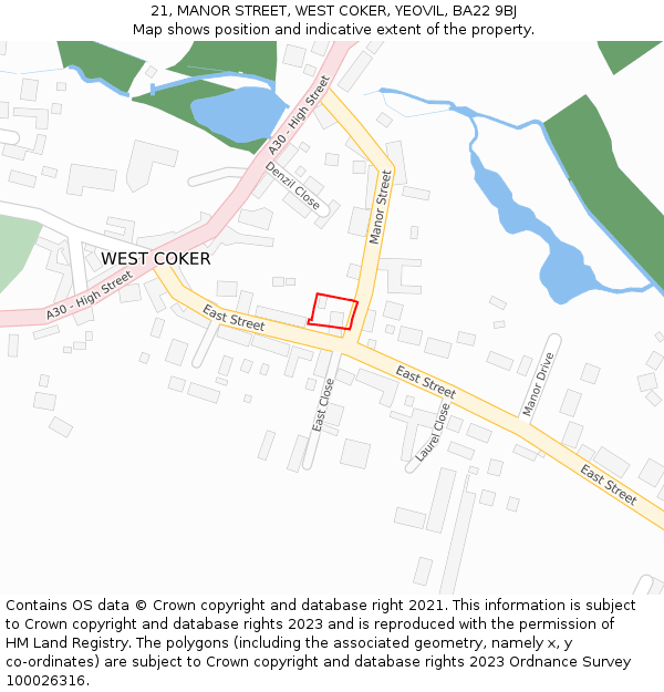 21, MANOR STREET, WEST COKER, YEOVIL, BA22 9BJ: Location map and indicative extent of plot