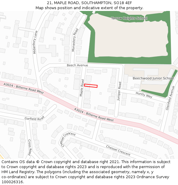 21, MAPLE ROAD, SOUTHAMPTON, SO18 4EF: Location map and indicative extent of plot