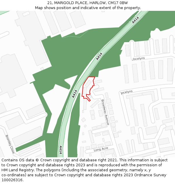 21, MARIGOLD PLACE, HARLOW, CM17 0BW: Location map and indicative extent of plot