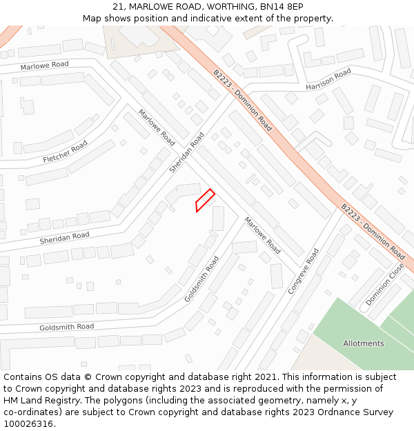 21, MARLOWE ROAD, WORTHING, BN14 8EP: Location map and indicative extent of plot