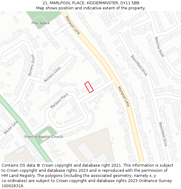 21, MARLPOOL PLACE, KIDDERMINSTER, DY11 5BB: Location map and indicative extent of plot