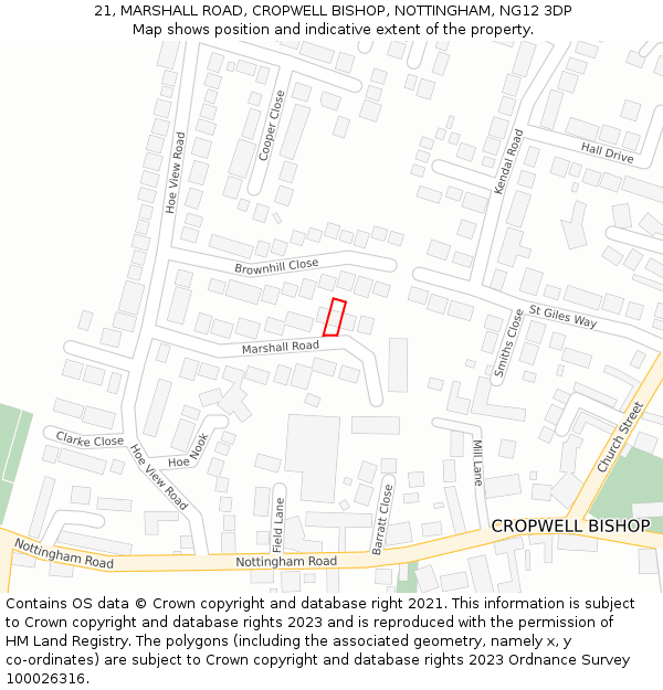 21, MARSHALL ROAD, CROPWELL BISHOP, NOTTINGHAM, NG12 3DP: Location map and indicative extent of plot
