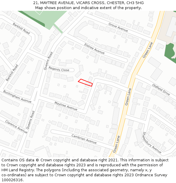 21, MAYTREE AVENUE, VICARS CROSS, CHESTER, CH3 5HG: Location map and indicative extent of plot