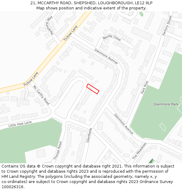 21, MCCARTHY ROAD, SHEPSHED, LOUGHBOROUGH, LE12 9LP: Location map and indicative extent of plot