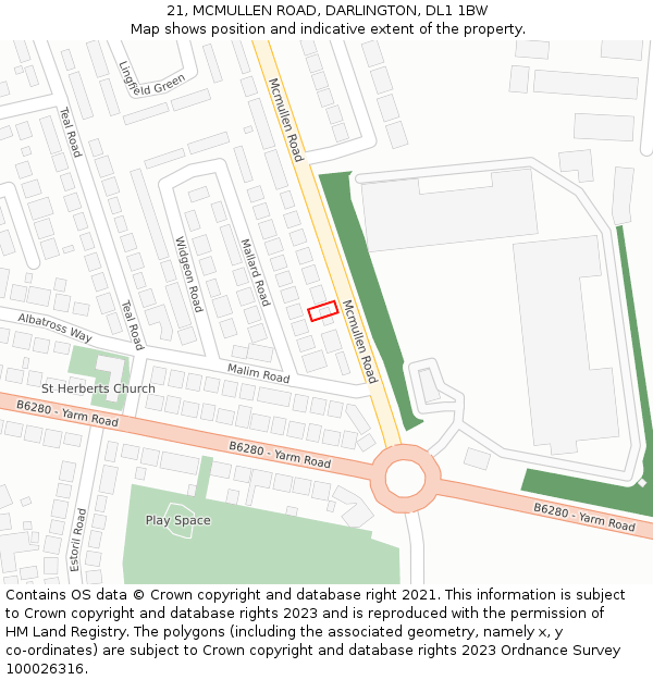 21, MCMULLEN ROAD, DARLINGTON, DL1 1BW: Location map and indicative extent of plot
