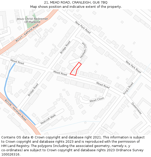 21, MEAD ROAD, CRANLEIGH, GU6 7BQ: Location map and indicative extent of plot