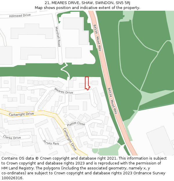 21, MEARES DRIVE, SHAW, SWINDON, SN5 5RJ: Location map and indicative extent of plot