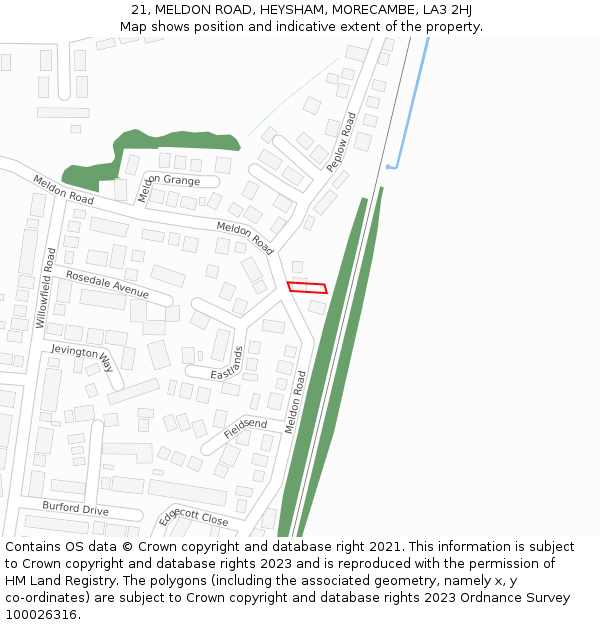 21, MELDON ROAD, HEYSHAM, MORECAMBE, LA3 2HJ: Location map and indicative extent of plot