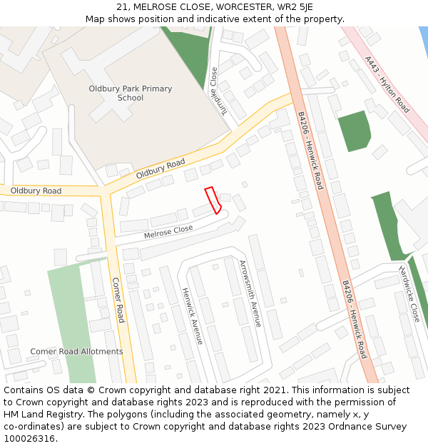 21, MELROSE CLOSE, WORCESTER, WR2 5JE: Location map and indicative extent of plot