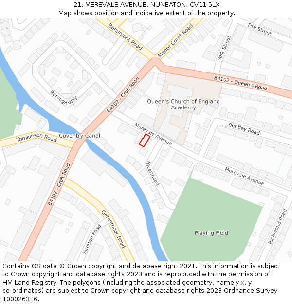 21, MEREVALE AVENUE, NUNEATON, CV11 5LX: Location map and indicative extent of plot