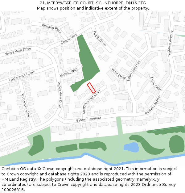 21, MERRYWEATHER COURT, SCUNTHORPE, DN16 3TG: Location map and indicative extent of plot
