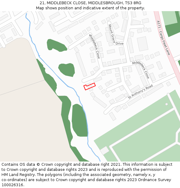 21, MIDDLEBECK CLOSE, MIDDLESBROUGH, TS3 8RG: Location map and indicative extent of plot