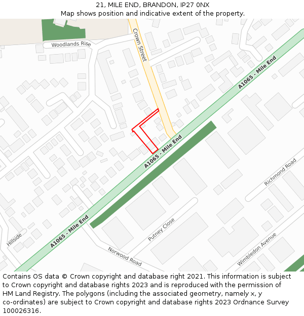 21, MILE END, BRANDON, IP27 0NX: Location map and indicative extent of plot