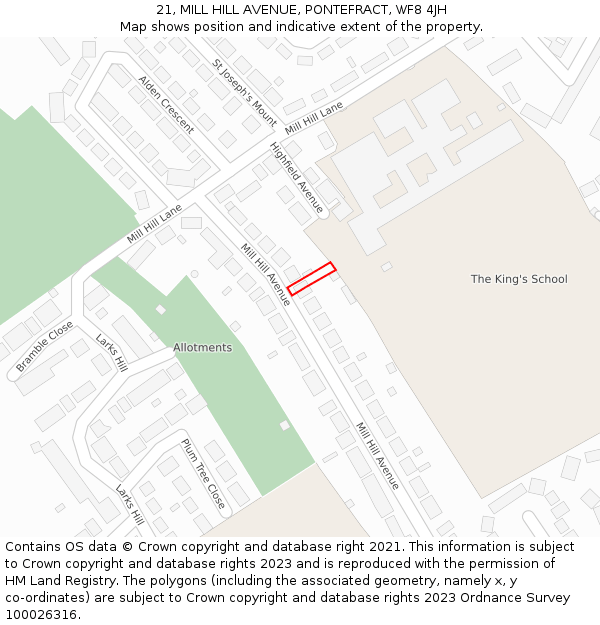 21, MILL HILL AVENUE, PONTEFRACT, WF8 4JH: Location map and indicative extent of plot