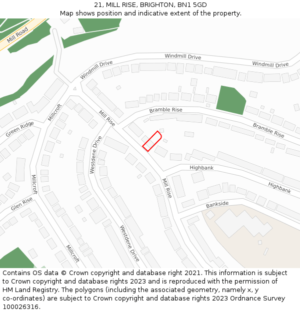 21, MILL RISE, BRIGHTON, BN1 5GD: Location map and indicative extent of plot