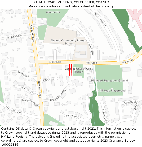 21, MILL ROAD, MILE END, COLCHESTER, CO4 5LD: Location map and indicative extent of plot