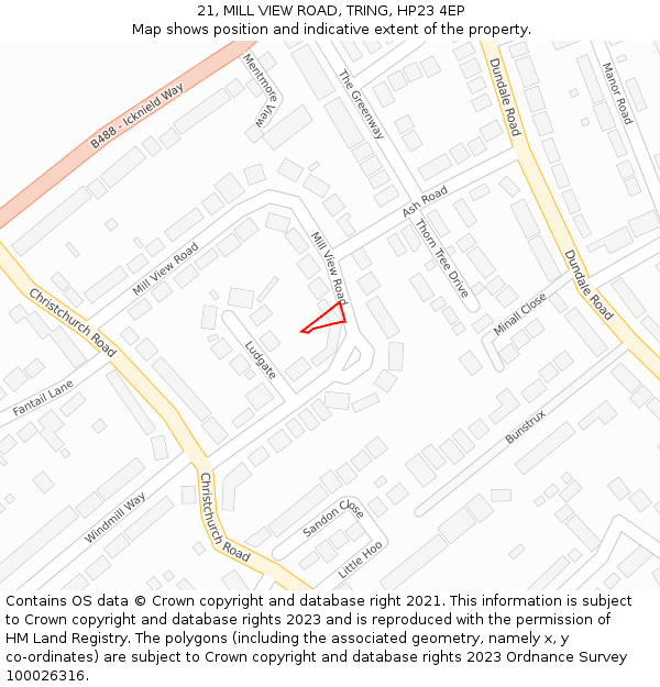 21, MILL VIEW ROAD, TRING, HP23 4EP: Location map and indicative extent of plot