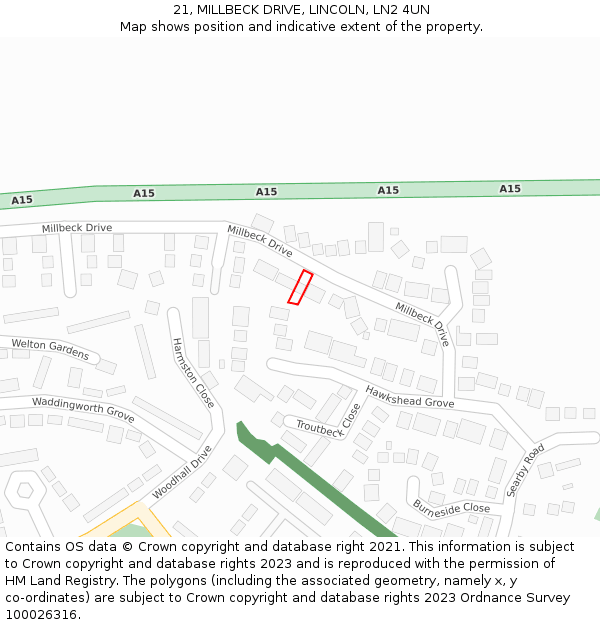 21, MILLBECK DRIVE, LINCOLN, LN2 4UN: Location map and indicative extent of plot