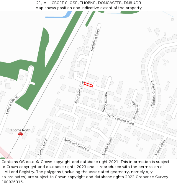 21, MILLCROFT CLOSE, THORNE, DONCASTER, DN8 4DR: Location map and indicative extent of plot