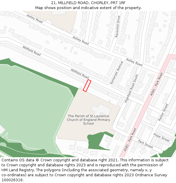 21, MILLFIELD ROAD, CHORLEY, PR7 1RF: Location map and indicative extent of plot