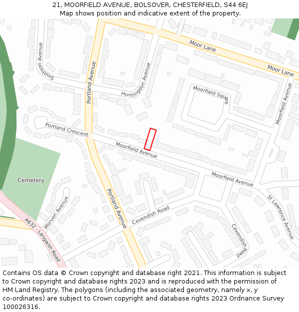 21, MOORFIELD AVENUE, BOLSOVER, CHESTERFIELD, S44 6EJ: Location map and indicative extent of plot