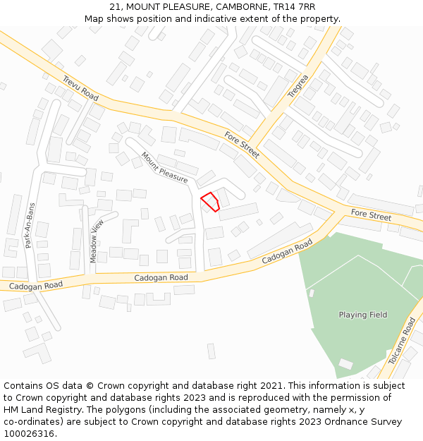 21, MOUNT PLEASURE, CAMBORNE, TR14 7RR: Location map and indicative extent of plot