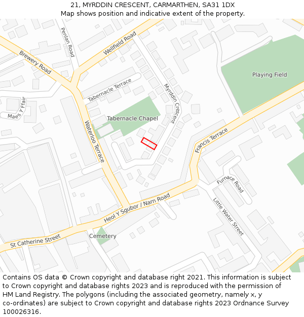 21, MYRDDIN CRESCENT, CARMARTHEN, SA31 1DX: Location map and indicative extent of plot