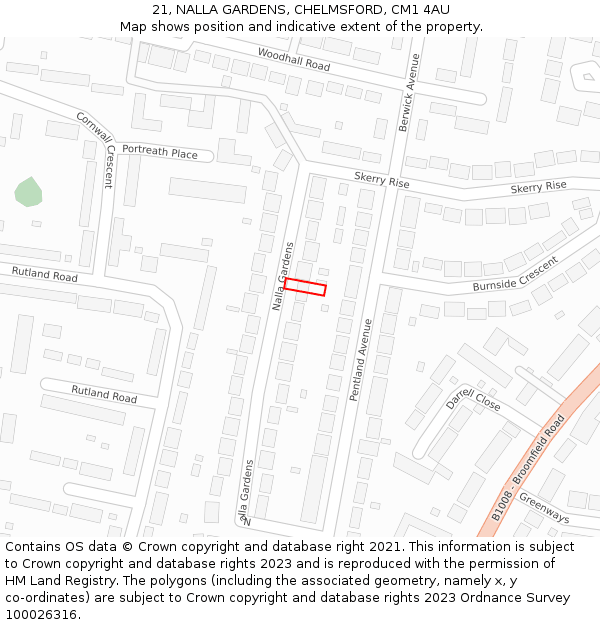 21, NALLA GARDENS, CHELMSFORD, CM1 4AU: Location map and indicative extent of plot
