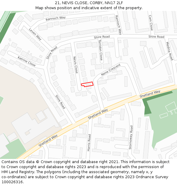 21, NEVIS CLOSE, CORBY, NN17 2LF: Location map and indicative extent of plot