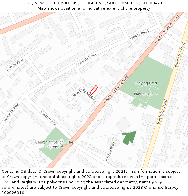 21, NEWCLIFFE GARDENS, HEDGE END, SOUTHAMPTON, SO30 4AH: Location map and indicative extent of plot