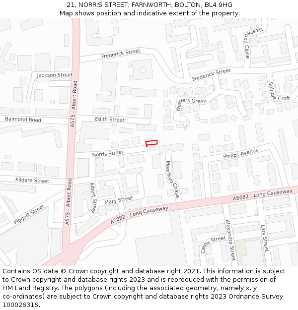 21, NORRIS STREET, FARNWORTH, BOLTON, BL4 9HG: Location map and indicative extent of plot