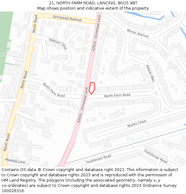 21, NORTH FARM ROAD, LANCING, BN15 9BT: Location map and indicative extent of plot