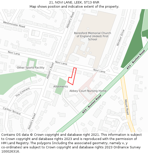 21, NOVI LANE, LEEK, ST13 6NR: Location map and indicative extent of plot