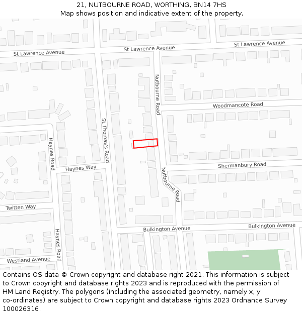 21, NUTBOURNE ROAD, WORTHING, BN14 7HS: Location map and indicative extent of plot