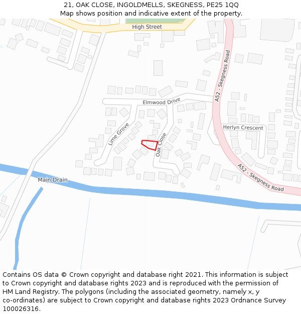 21, OAK CLOSE, INGOLDMELLS, SKEGNESS, PE25 1QQ: Location map and indicative extent of plot