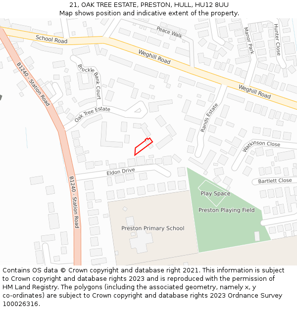 21, OAK TREE ESTATE, PRESTON, HULL, HU12 8UU: Location map and indicative extent of plot