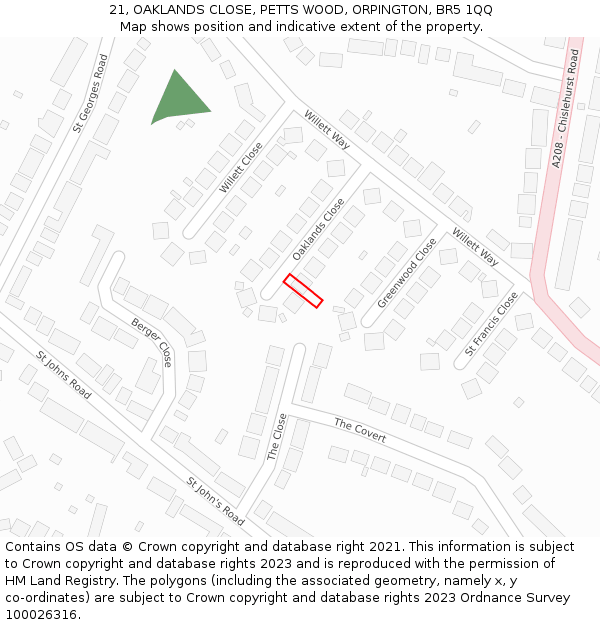 21, OAKLANDS CLOSE, PETTS WOOD, ORPINGTON, BR5 1QQ: Location map and indicative extent of plot