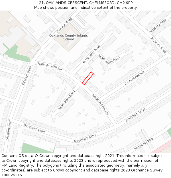 21, OAKLANDS CRESCENT, CHELMSFORD, CM2 9PP: Location map and indicative extent of plot